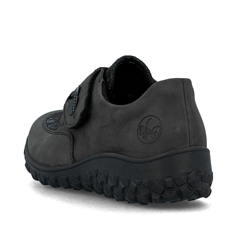 Mocassins Rieker gris pour femme 59552-45 avec fermeture velcro. Chaussure vue de l'arrière.