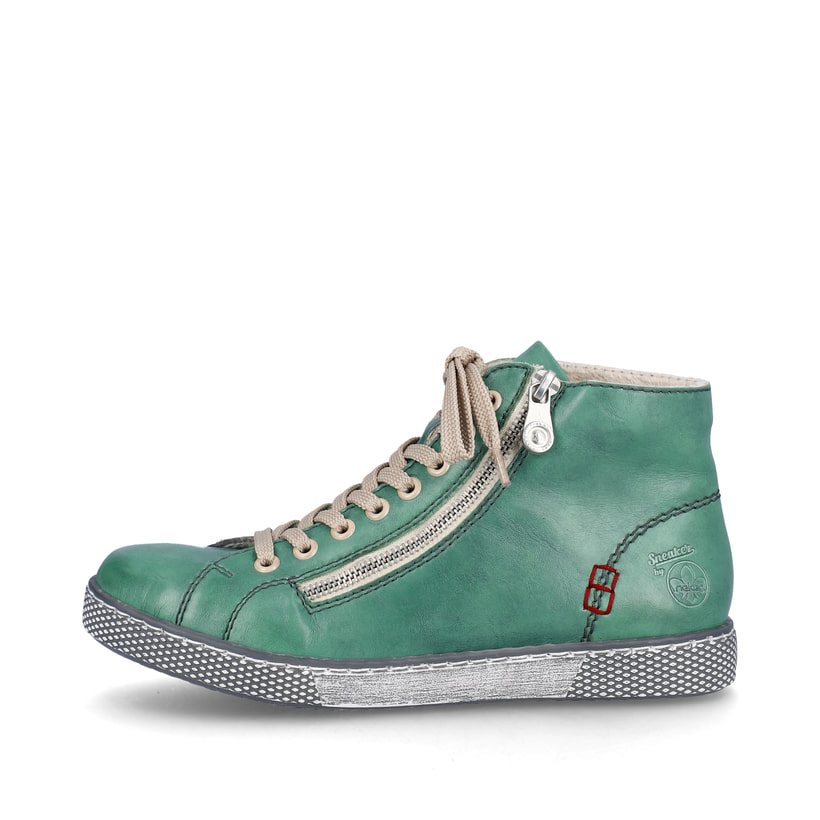 
Smaragdgrüne Rieker Damen Schnürschuhe Z1221-53 mit einer robusten Profilsohle. Schuh Außenseite
