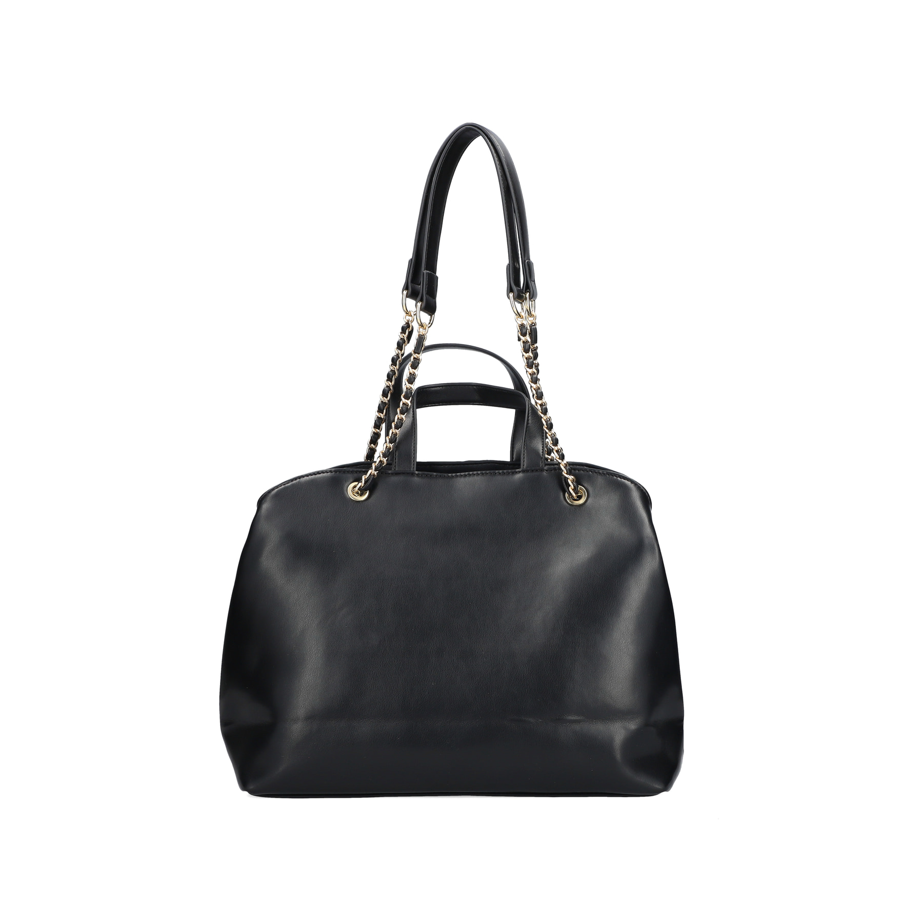 Rieker Shopper H1610-00 in Schwarz mit goldener verflochtener Kette, Reißverschluss und Innenfach. Rückseite.