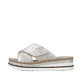 Silberne Rieker Damen Pantoletten V7979-80 mit einem Klettverschluss. Schuh Außenseite.