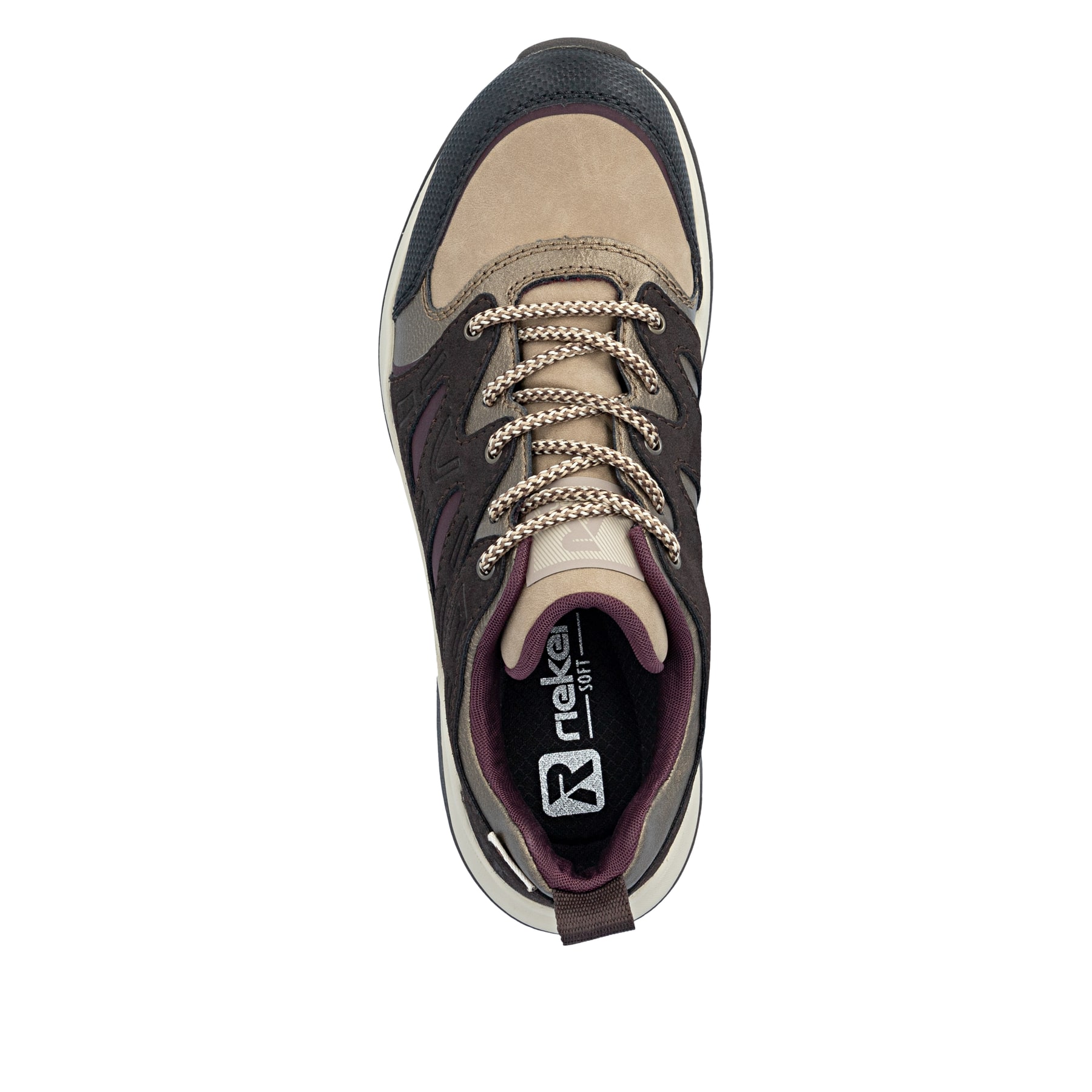 Braun-schwarze Rieker Damen Sneaker Low Z0900-25 mit einer Schnürung. Schuh von oben.