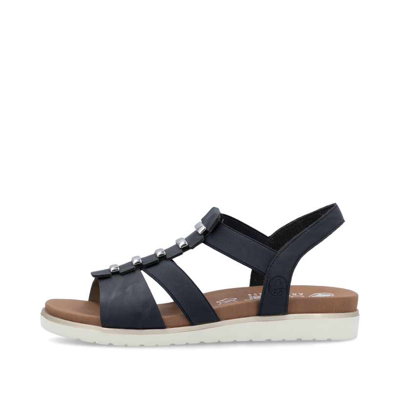 Blaue Rieker Damen Riemchensandalen V5051-14 mit Schmuckelementen sowie Gummizug. Schuh Außenseite.