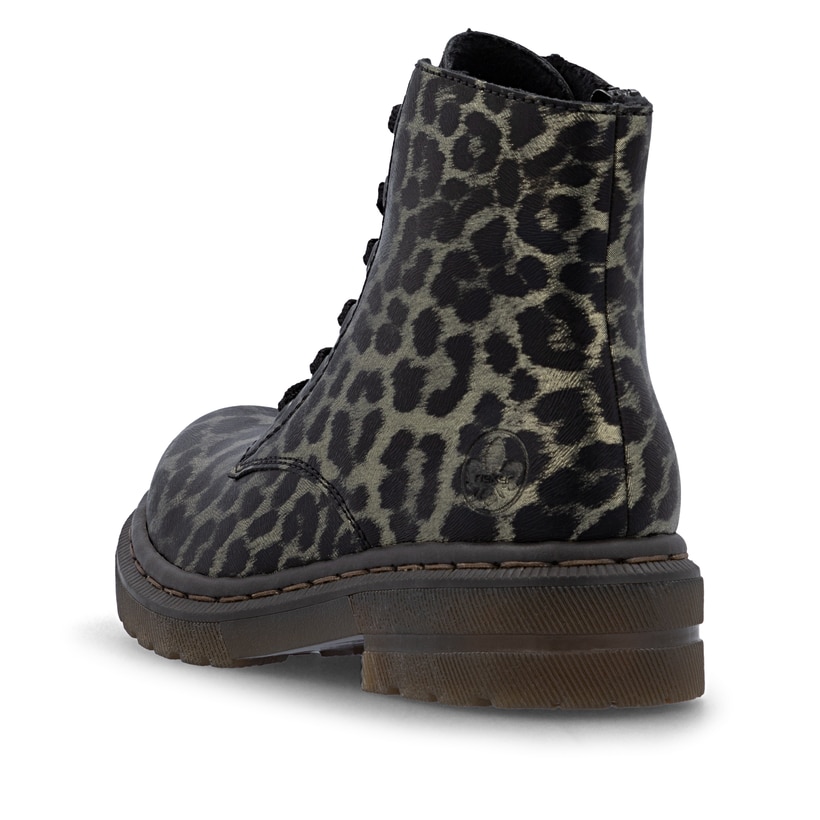 Gold-schwarze Rieker Damen Biker Boots 78240-90 mit einem Reißverschluss. Schuh von hinten.