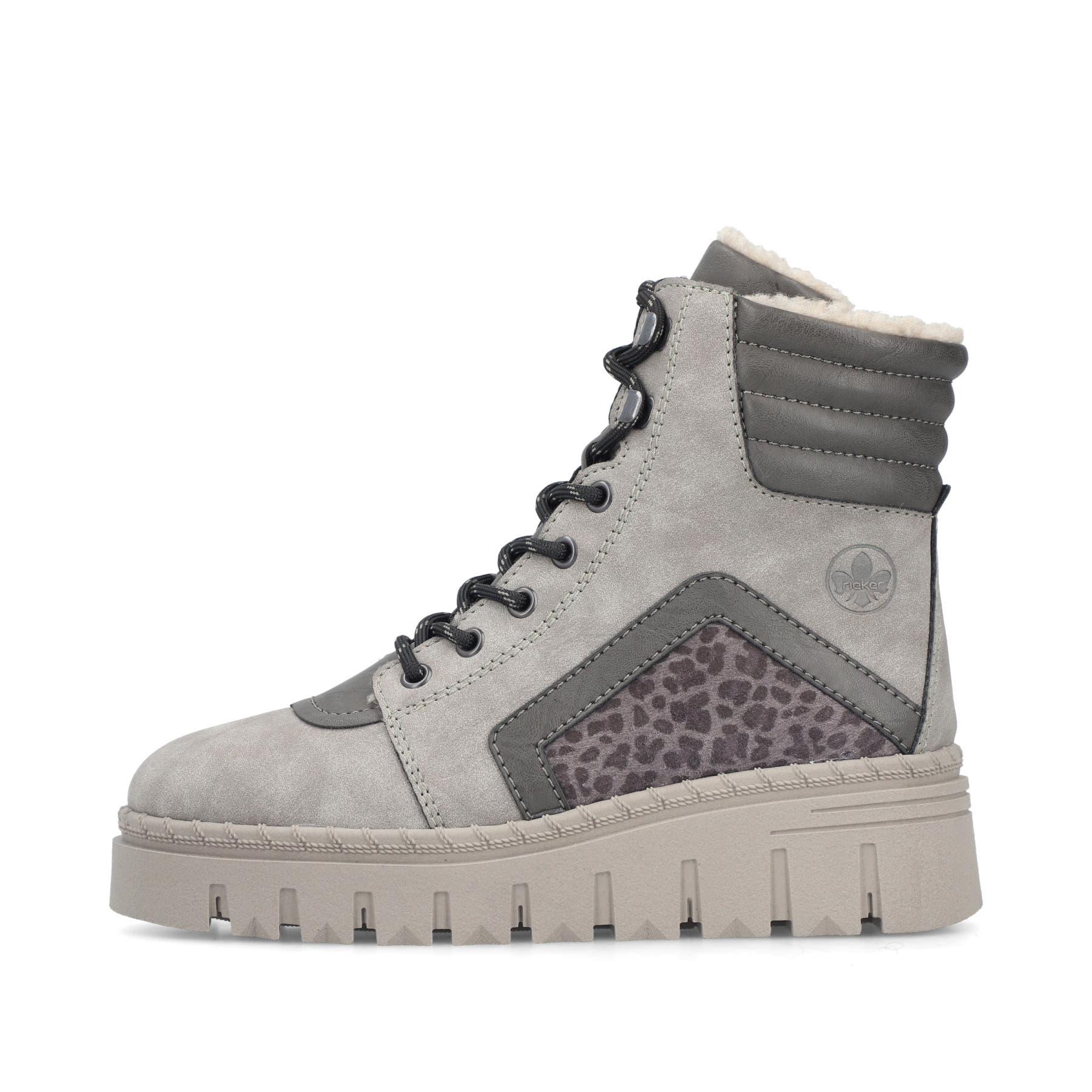 Graue Rieker Damen Schnürstiefel Z8904-40 mit einem Reißverschluss. Schuh Außenseite.