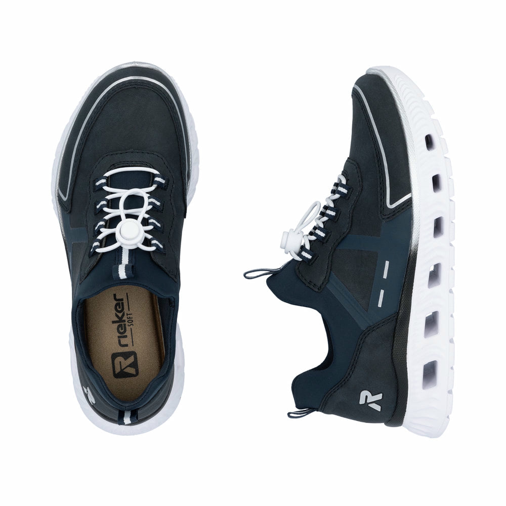 Baskets basses Rieker bleues végétaliennes pour femme M6062-14. Chaussure vue de dessus, couchée.