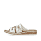 Weiße Rieker Damen Pantoletten V3678-80 mit Gummizug sowie leichter Sohle. Schuh Außenseite.