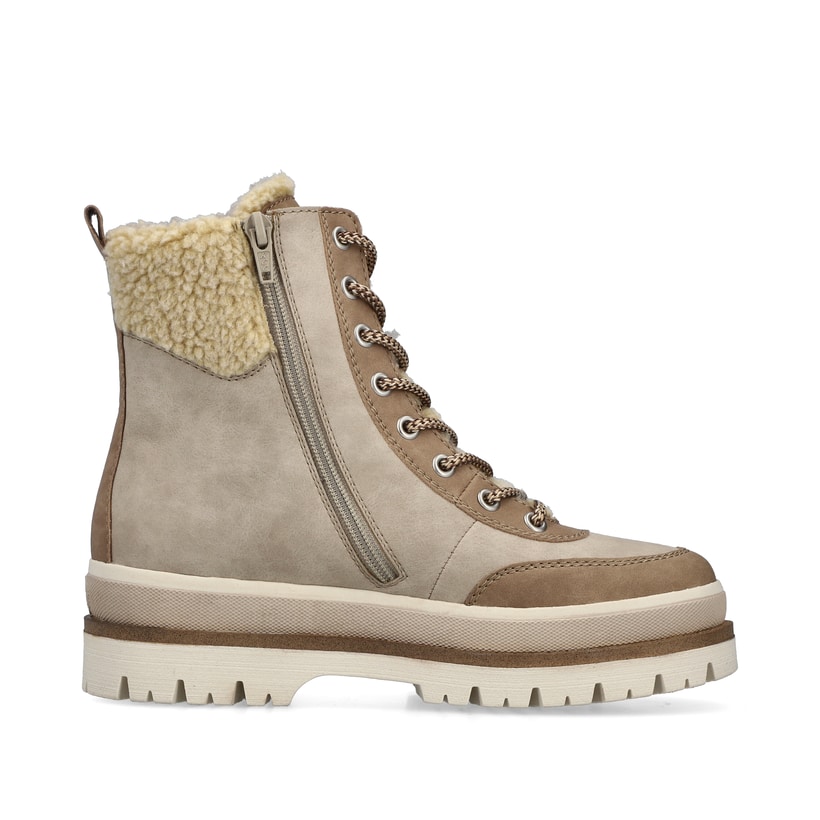 Beige Rieker Damen Schnürstiefel Y6230-62 mit Schaftkragen sowie Reißverschluss. Schuh Innenseite.