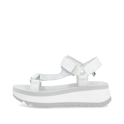 Weiße Rieker Damen Riemchensandalen W3051-80 mit einem Klettverschluss. Schuh Außenseite.