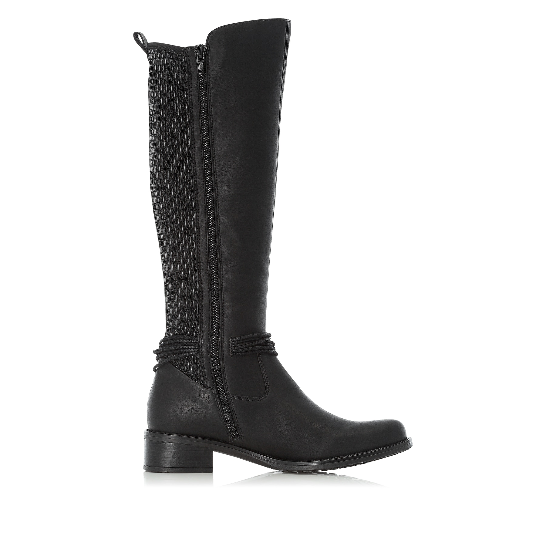 Tiefschwarze Rieker Damen Hochschaftstiefel Z7362-00 mit einer robusten Profilsohle. Schuh Innenseite