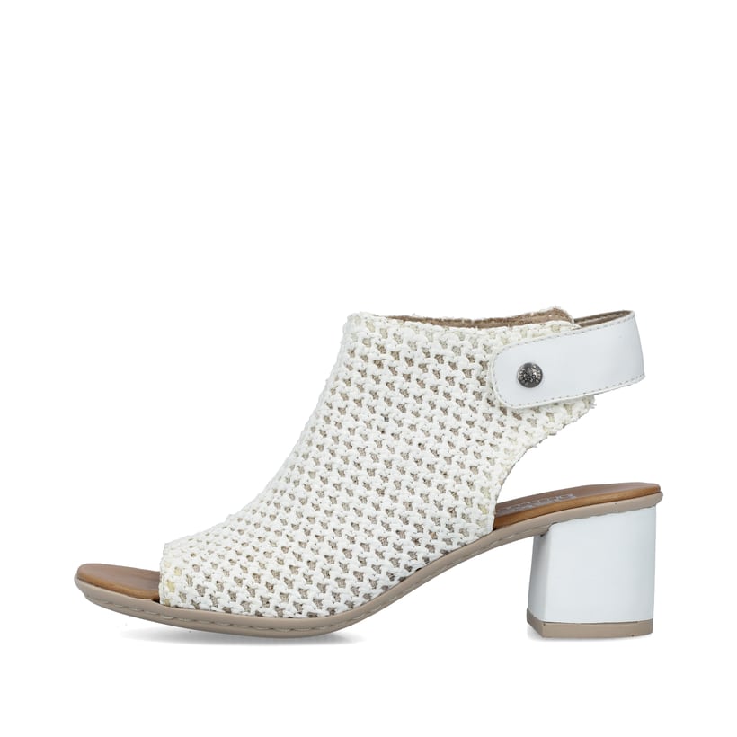 Weiße Rieker Riemchensandaletten 64772-80 mit einem Klettverschluss. Schuh Außenseite.
