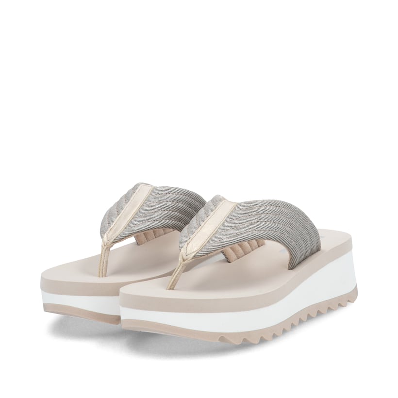 Beige vegane Rieker Damen Zehentrenner W3054-60 mit griffiger und leichter Sohle. Schuhpaar seitlich schräg.