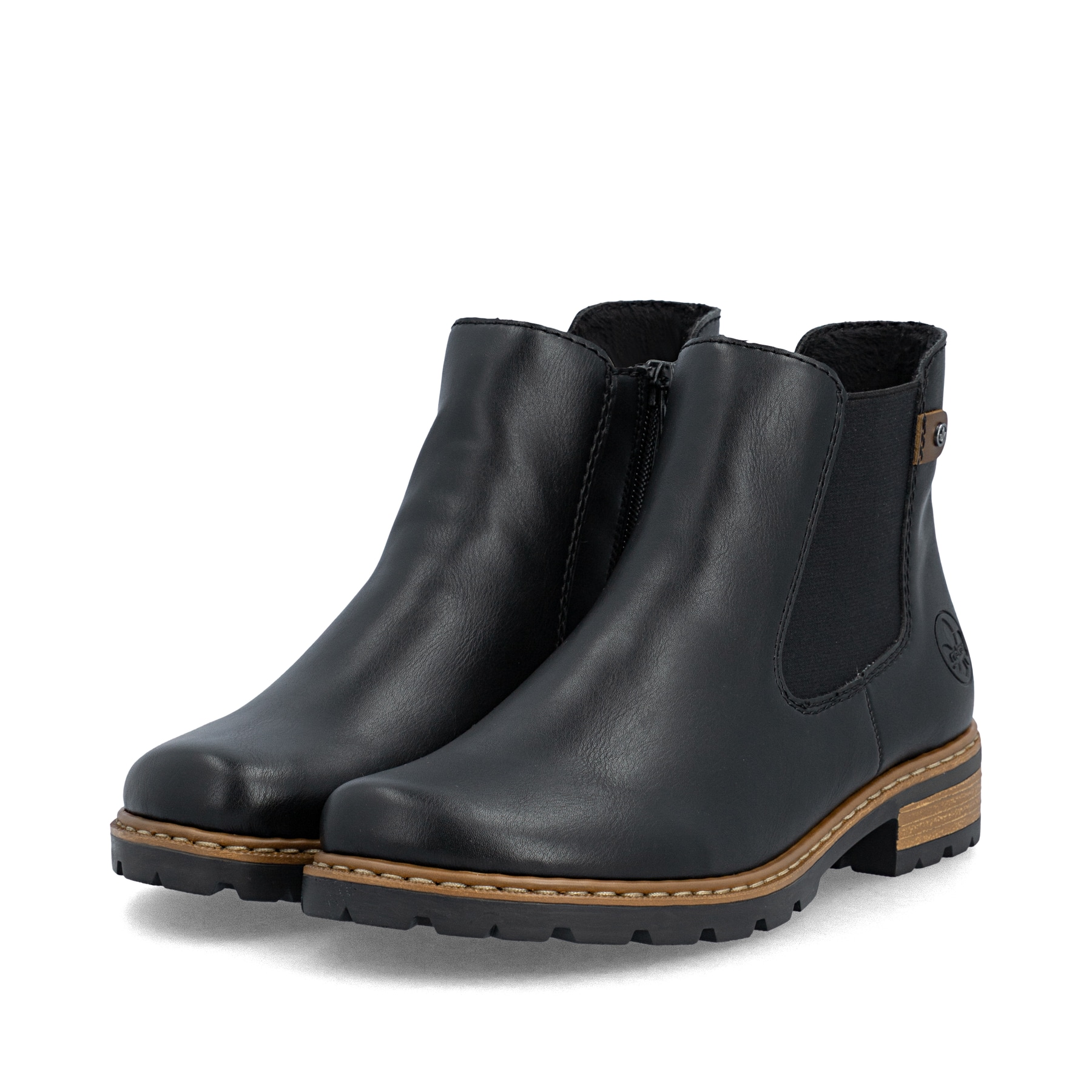 Schwarze Rieker Damen Schnürstiefel Z9340-00 mit einem Reißverschluss. Schuhpaar seitlich schräg.