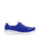 Himmelblaue Rieker Damen Slipper L3293-14 mit Gummischnürung sowie Löcheroptik. Schuh Innenseite.