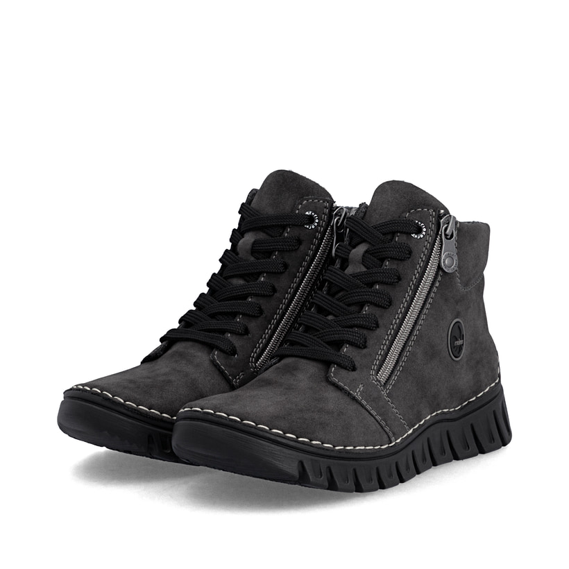 Dunkelgraue Rieker Damen Schnürstiefel 57502-45 mit einem Reißverschluss. Schuhpaar seitlich schräg.