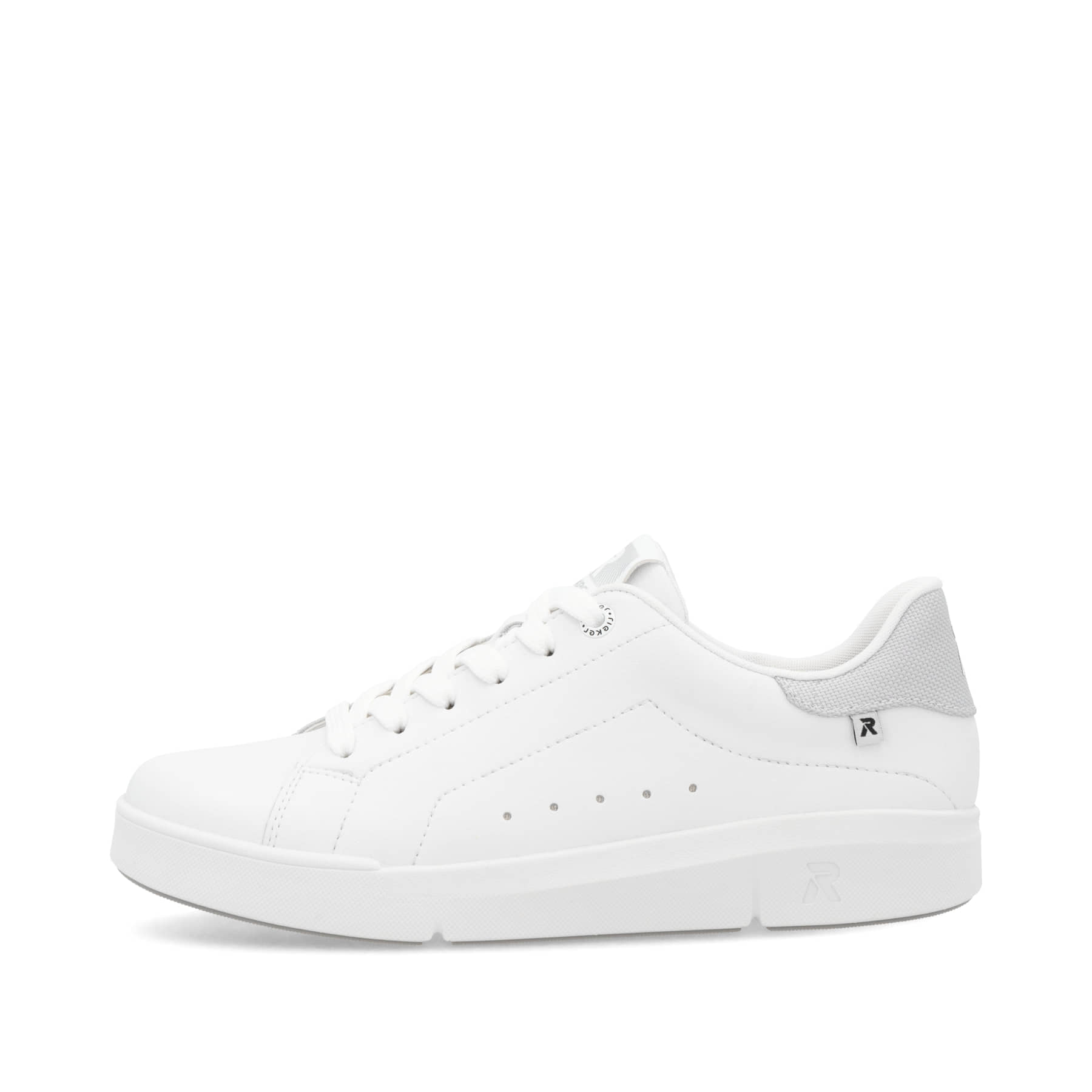 Weiße Rieker Damen Sneaker Low 41902-80 mit Schnürung sowie super leichter Sohle. Schuh Außenseite.
