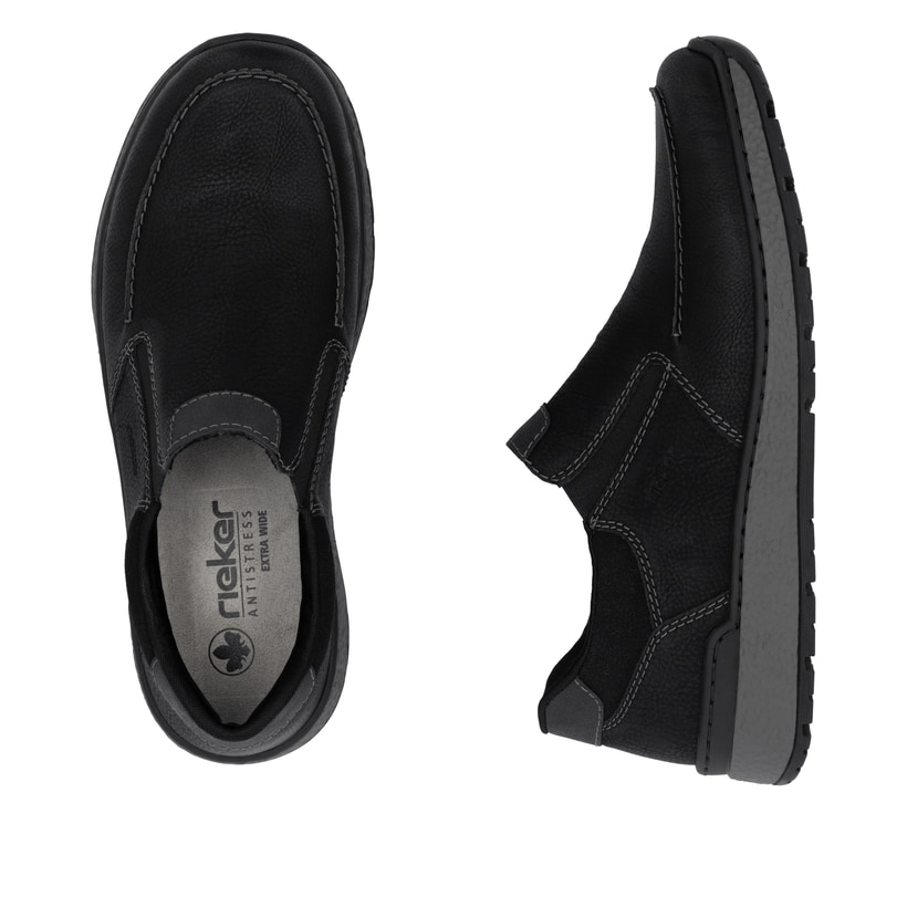 Mocassins Rieker noirs pour homme B9062-00 avec bande élastique. Chaussure vue de dessus, couchée.