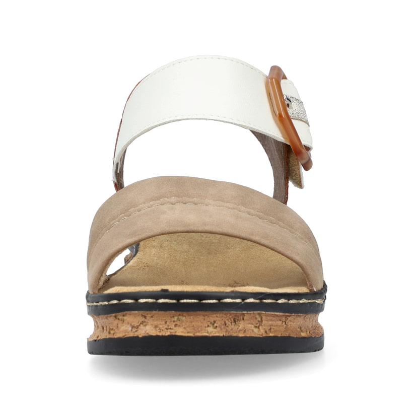 Beige Rieker Keilsandaletten 62964-90 mit einem Klettverschluss. Schuh von vorne.