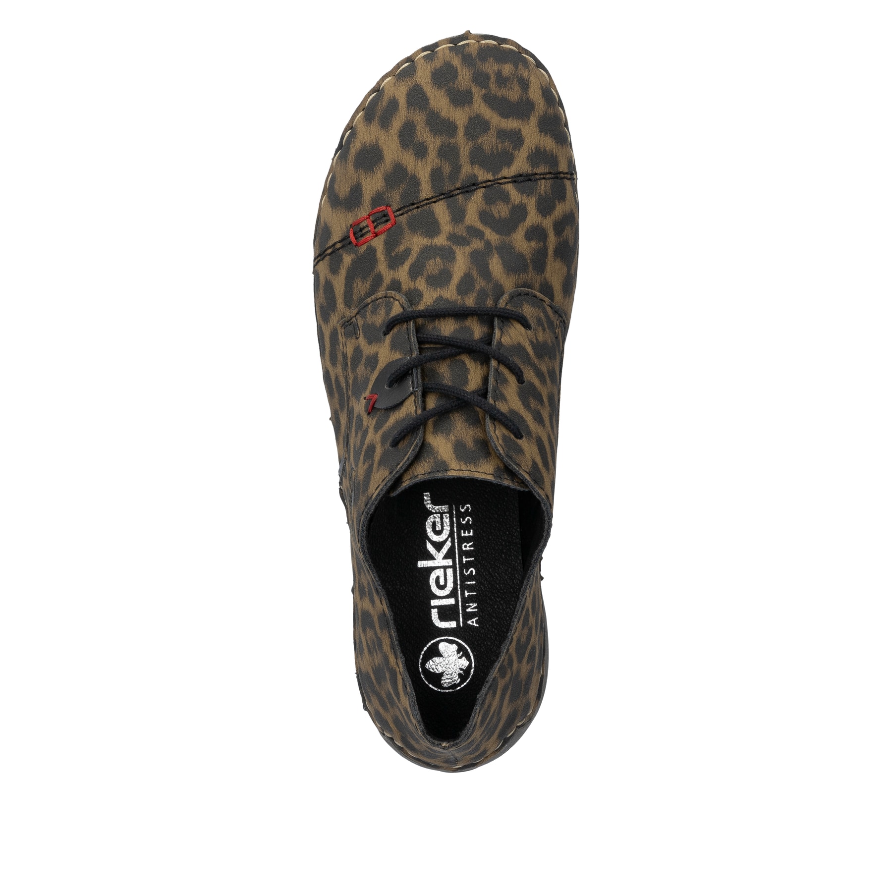 Mehrfarbige Rieker Damen Schnürschuhe 52528-90 mit Leo-Print. Schuh von oben.