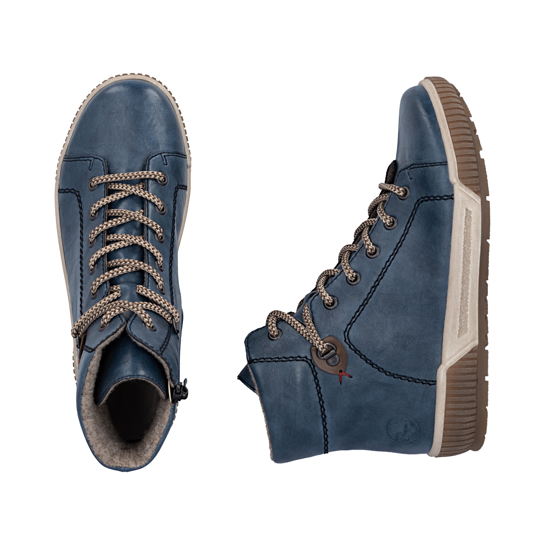 Dunkelblaue Rieker Damen Kurzstiefel N0730-14 mit einem Reißverschluss. Schuh von oben, liegend.