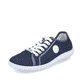 Blaue vegane Rieker Damen Schnürschuhe 52823-14 mit Logo an der Seite. Schuh seitlich schräg.
