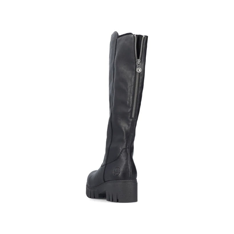 Schwarze Rieker Damen Hochschaftstiefel 74597-00 mit einem Reißverschluss. Schuh von hinten.