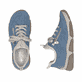 Blaue Rieker Damen Slipper 45973-14 mit Deko-Reißverschluss sowie einem Gummizug. Schuh von oben, liegend.