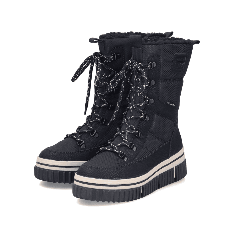 Vegane, schwarze Rieker Damen Kurzstiefel Y6380-00 mit einem Reißverschluss. Schuhpaar seitlich schräg.