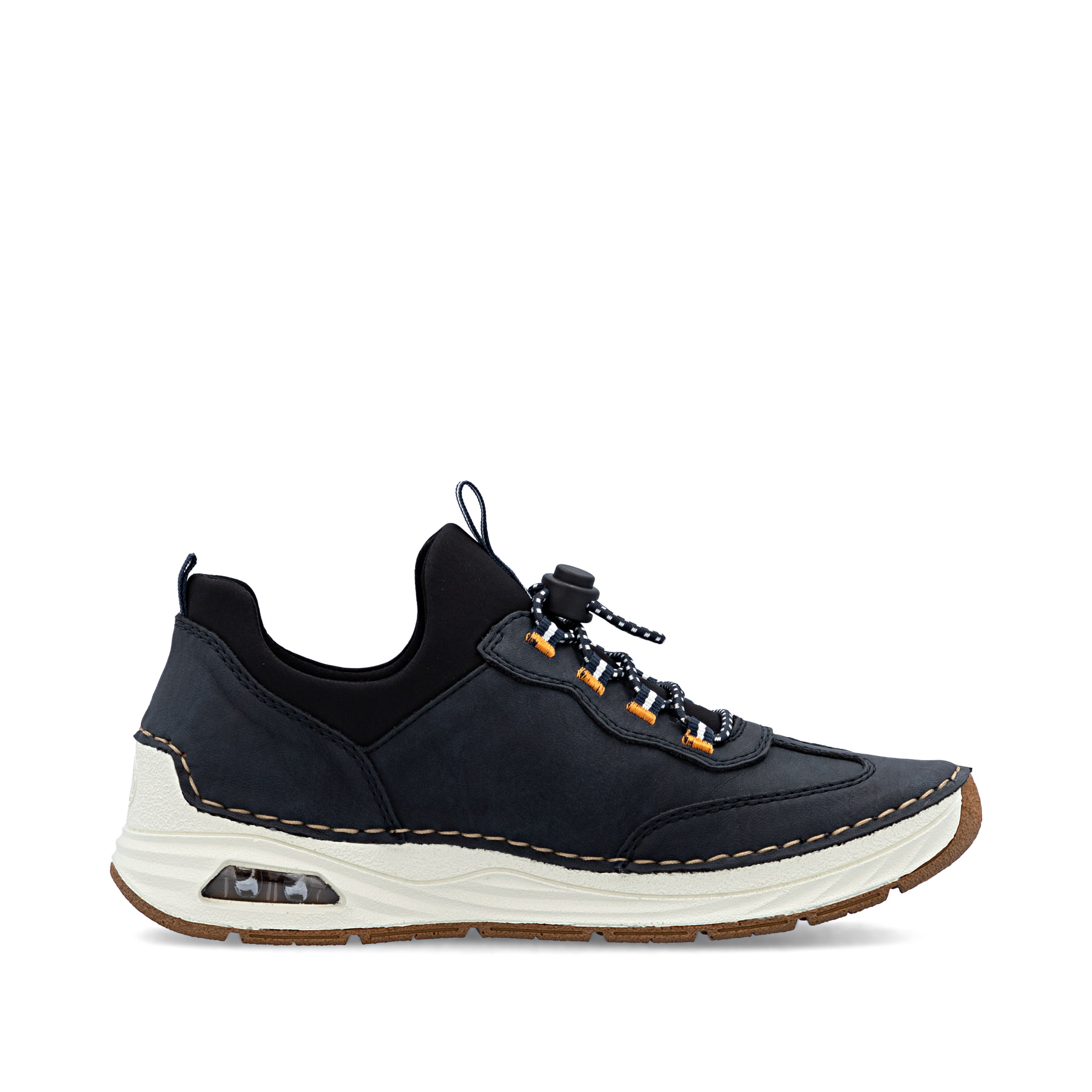 Mocassins Rieker bleus femme 44551-14 avec fenêtre de semelle Rieker Air. Intérieur de la chaussure.