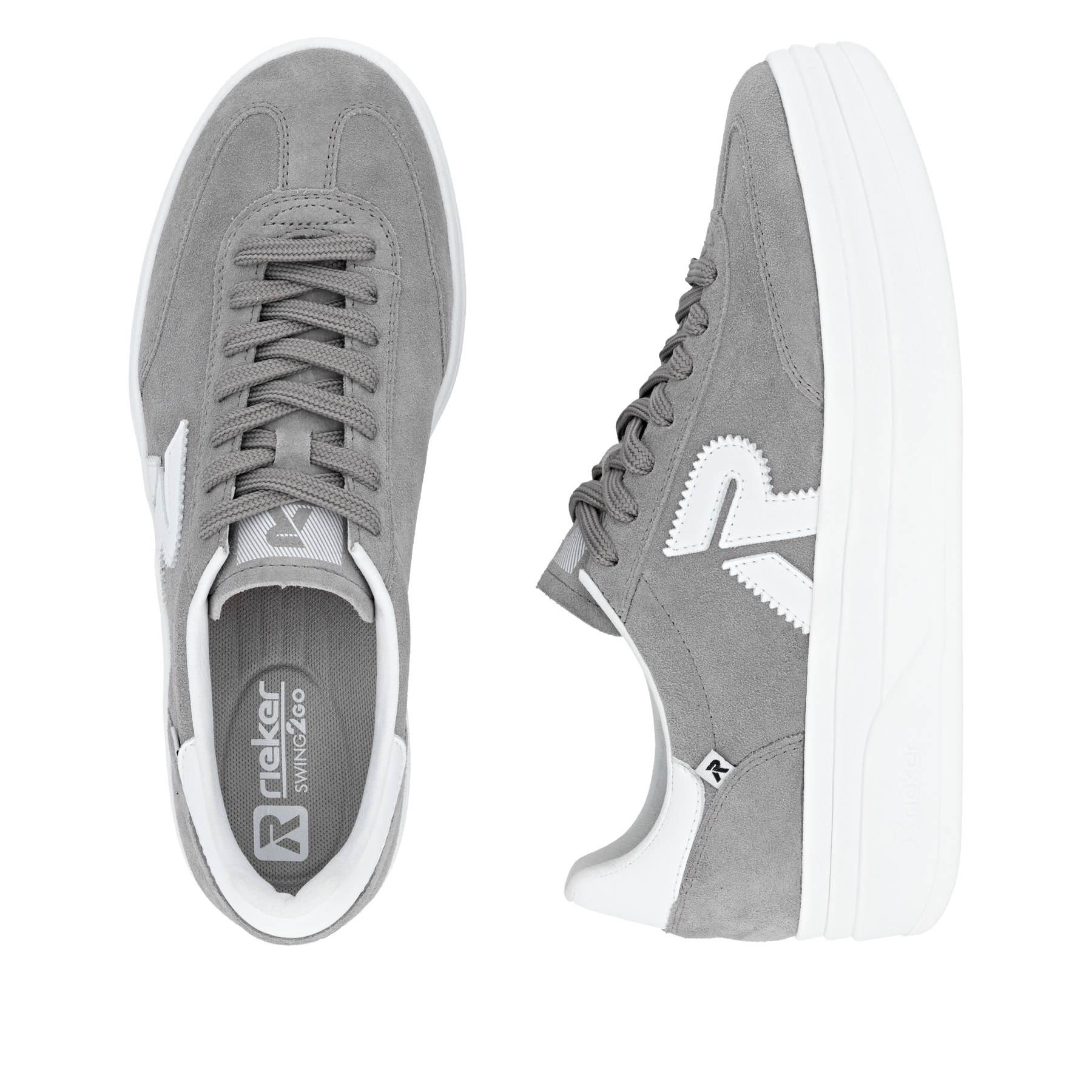 Graue Rieker Damen Sneaker Low W3700-40 mit einer Schnürung. Schuh von oben, liegend.