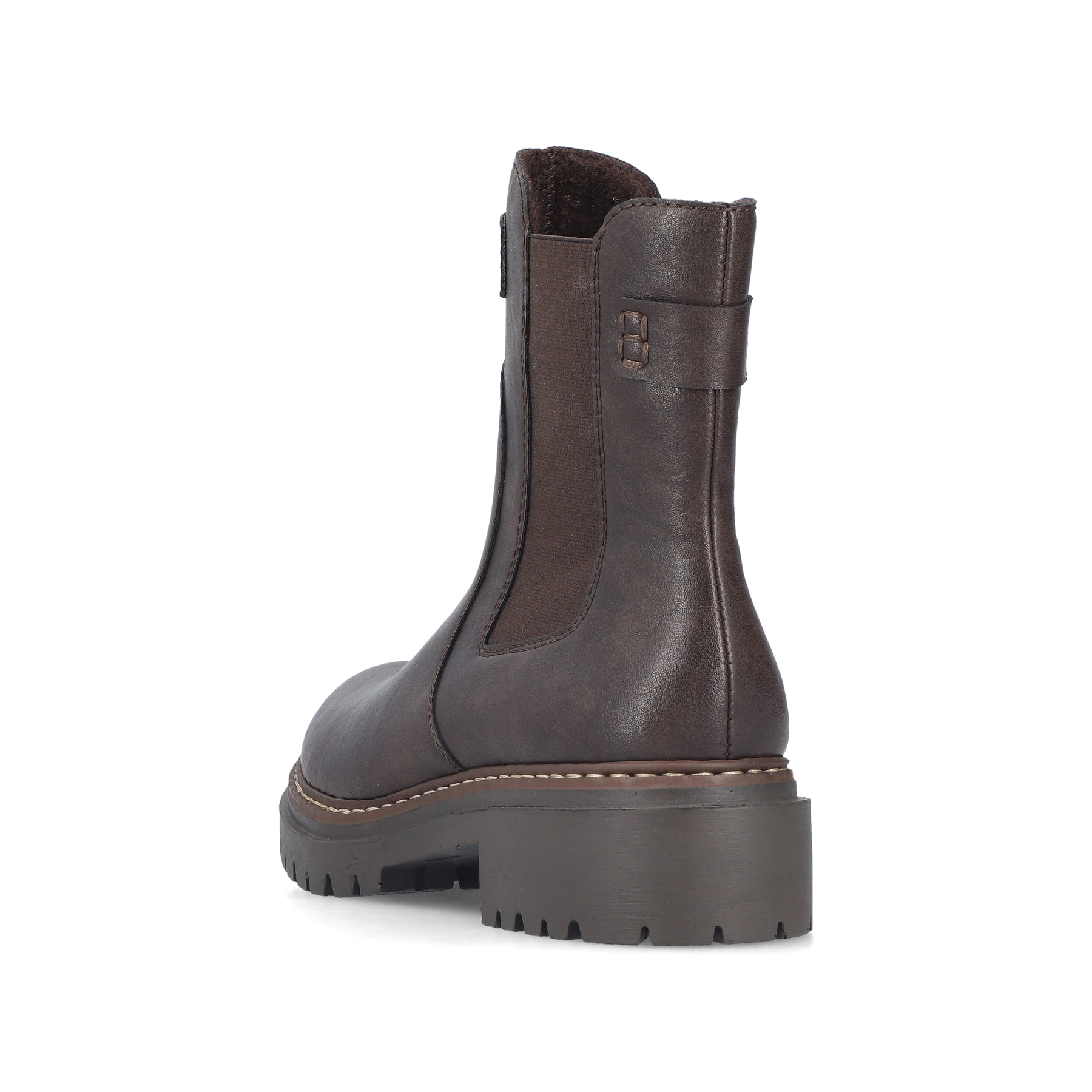 Dunkelbraune Rieker Damen Chelsea Boots 72660-25 mit einem Reißverschluss. Schuh von hinten.