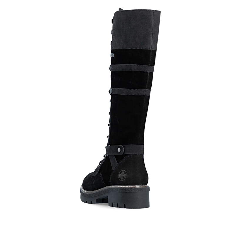 Schwarze Rieker Damen Hochschaftstiefel Y8101-00 aus Rauleder. Schuh von hinten.