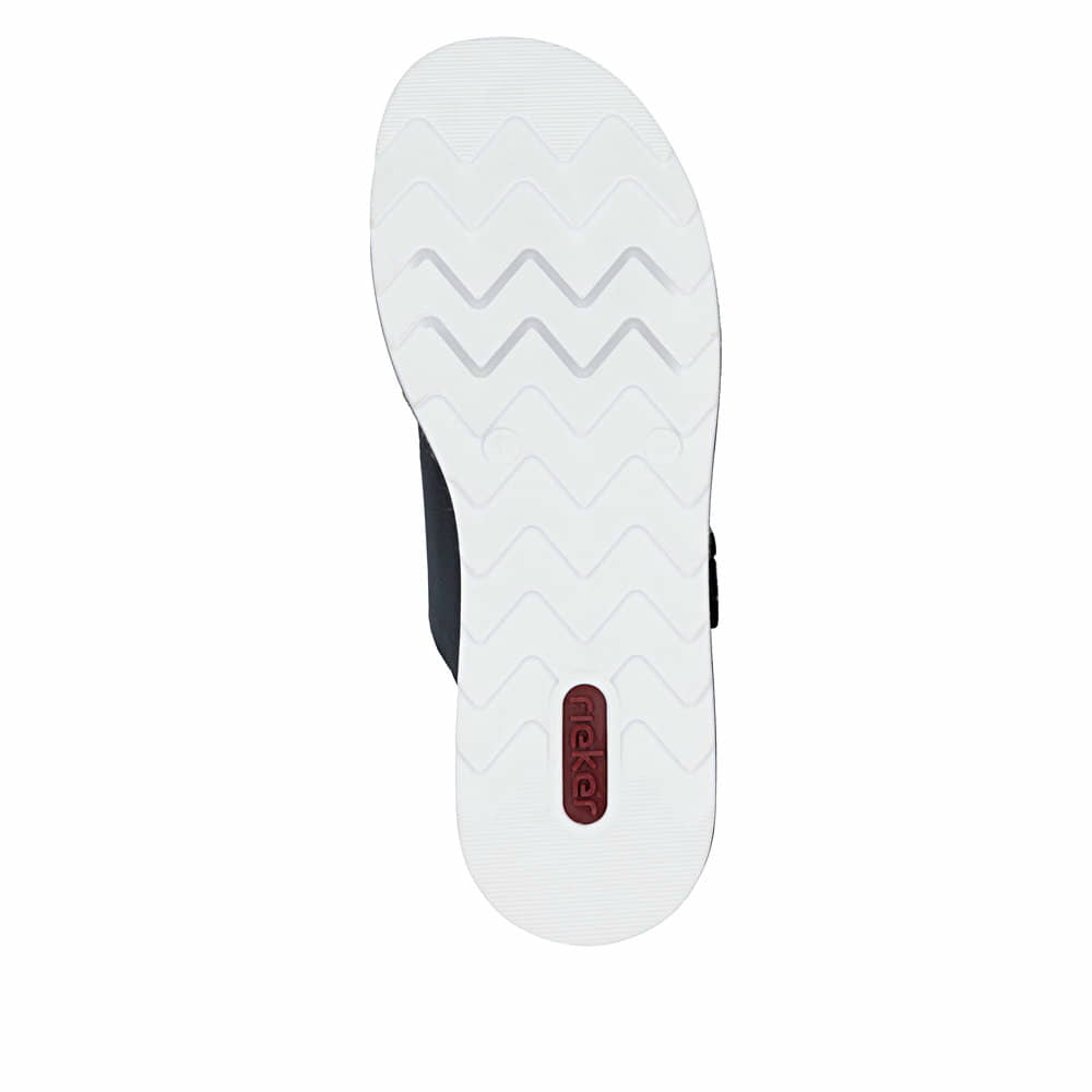 Schwarze Rieker Damen Pantoletten V7955-00 mit trendigen Schnalle. Schuh Laufsohle.