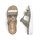 Grüne Rieker Damen Pantoletten V1396-52 mit einem Klettverschluss. Schuh von oben, liegend.