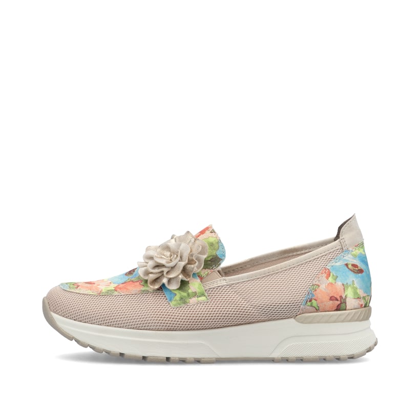 Rosane Rieker Damen Loafer N7460-31 mit dekorativer Blume sowie einem Gummizug. Schuh Außenseite.