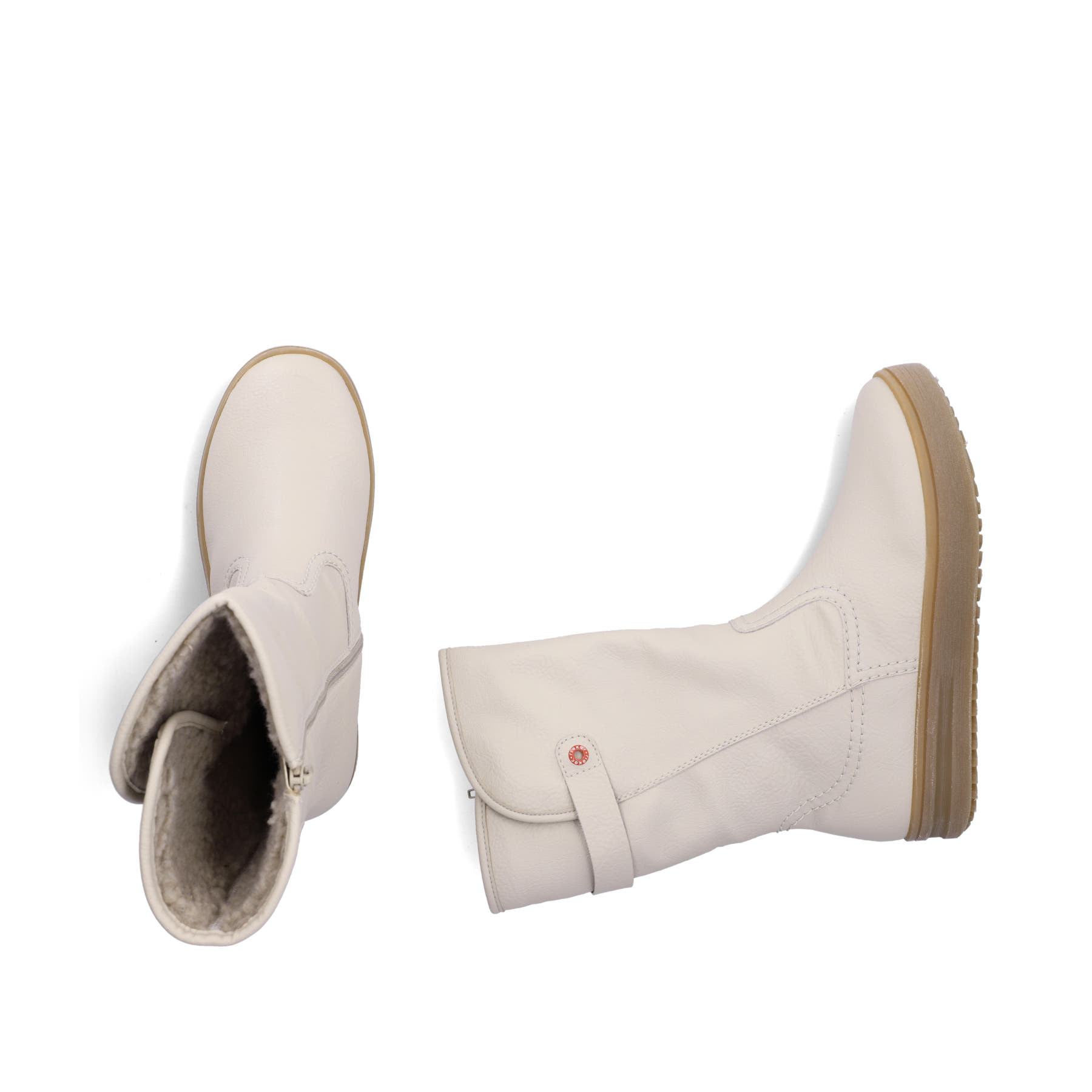 Cremefarbene Rieker Damen Kurzstiefel L2580-60 mit einem Reißverschluss. Schuh von oben, liegend.