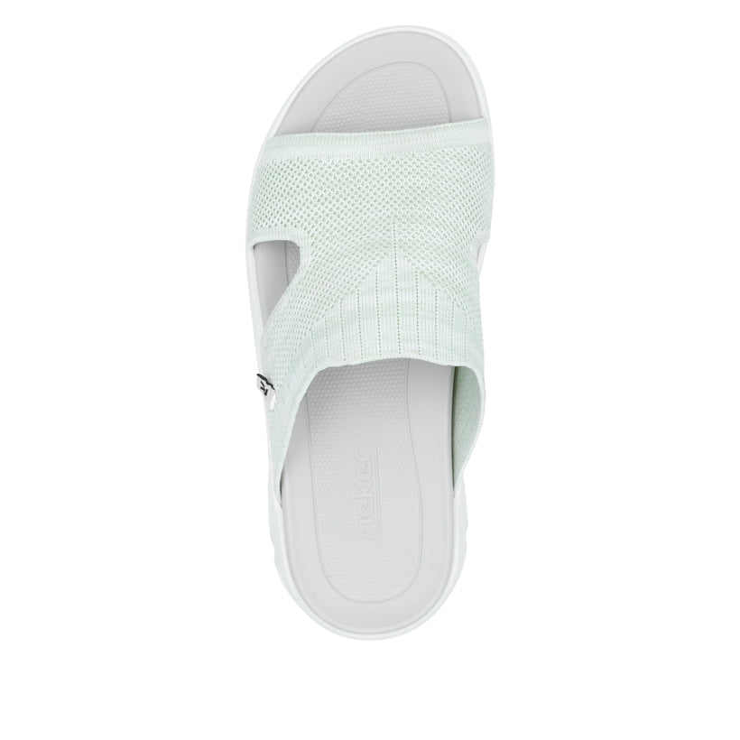 Rosane waschbare Rieker Damen Pantoletten V8451-53 mit einem Gummizug. Schuh von oben.