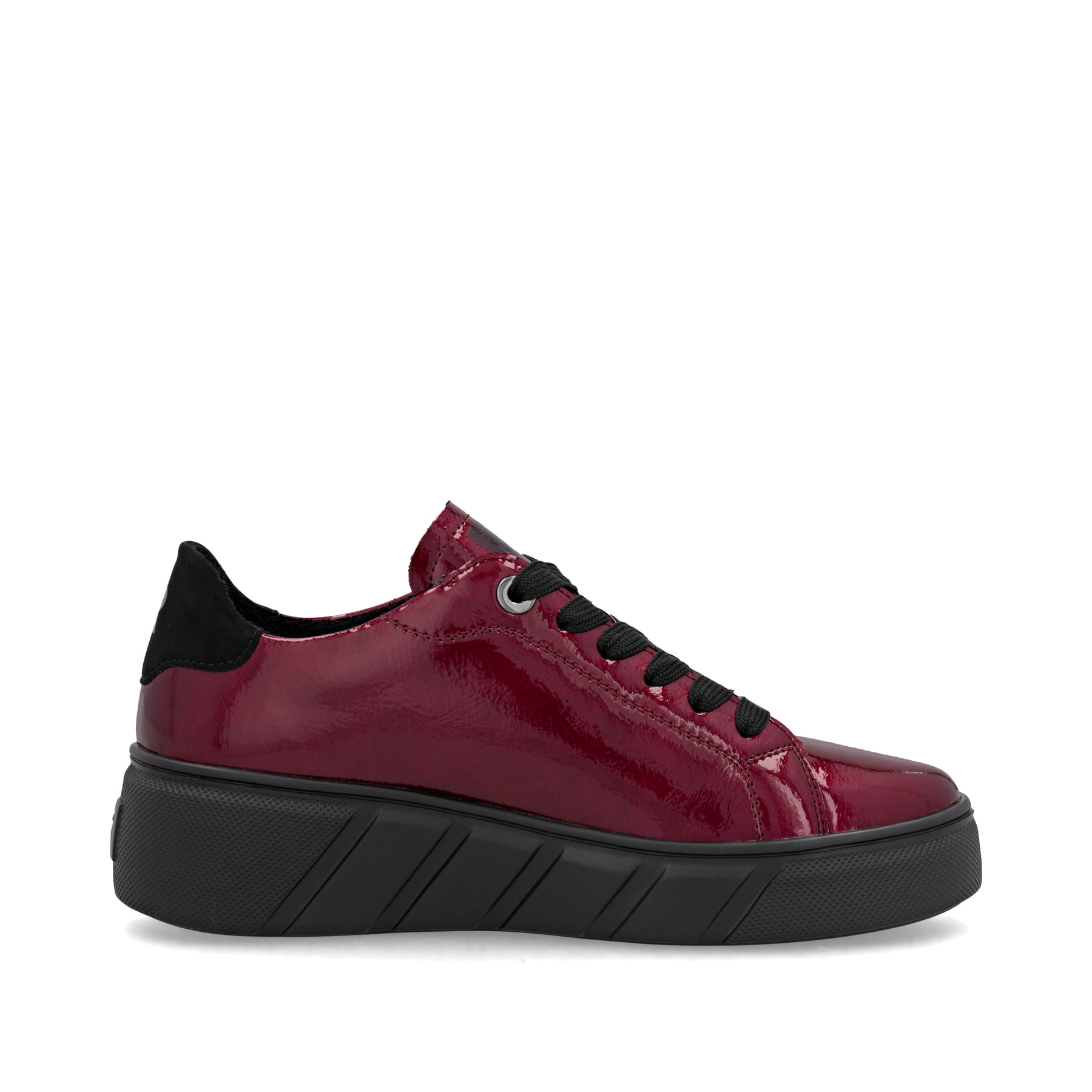 Dunkelrote Rieker Damen Sneaker Low W2601-35 aus Lackleder mit einer Schnürung. Schuh Innenseite.