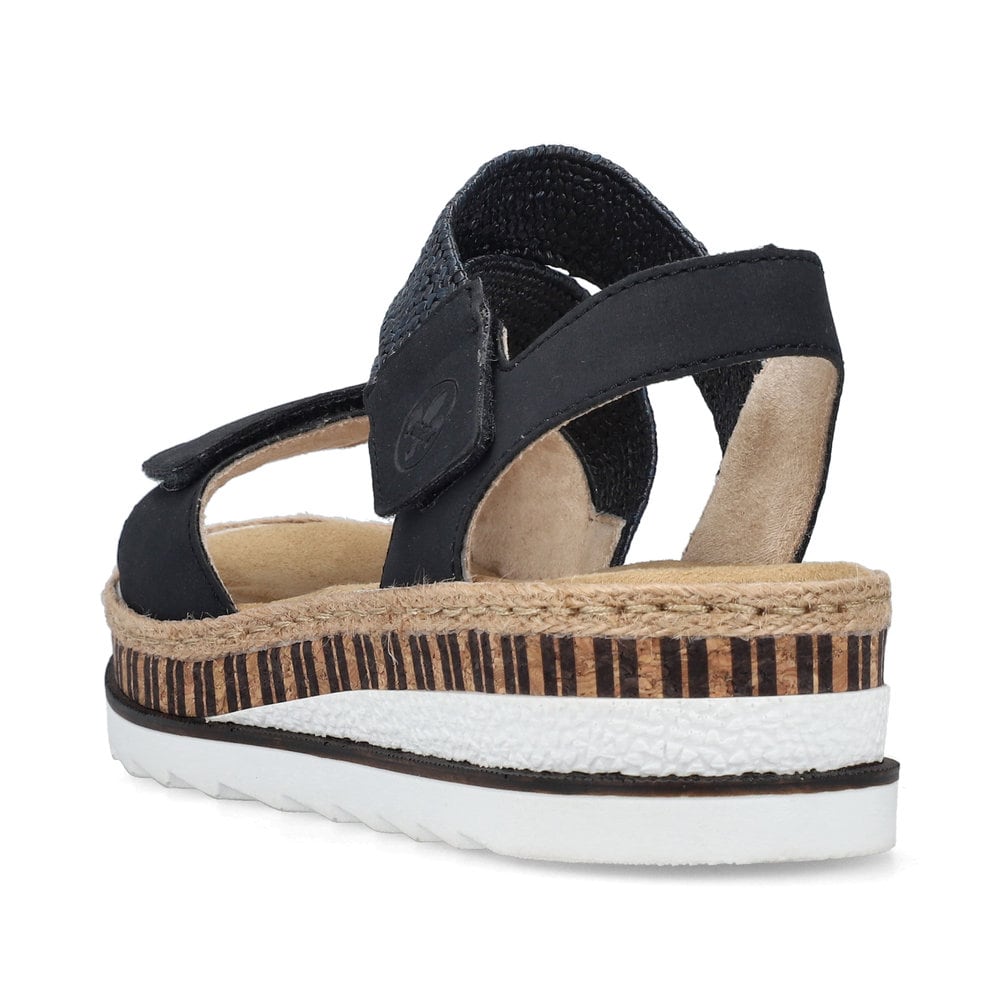 Blaue Rieker Damen Riemchensandalen V7974-14 mit einem Klettverschluss. Schuh von hinten.