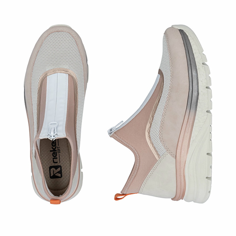Rosane vegane Rieker Damen Sneaker High 48053-31 mit einem Reißverschluss. Schuh von oben, liegend.