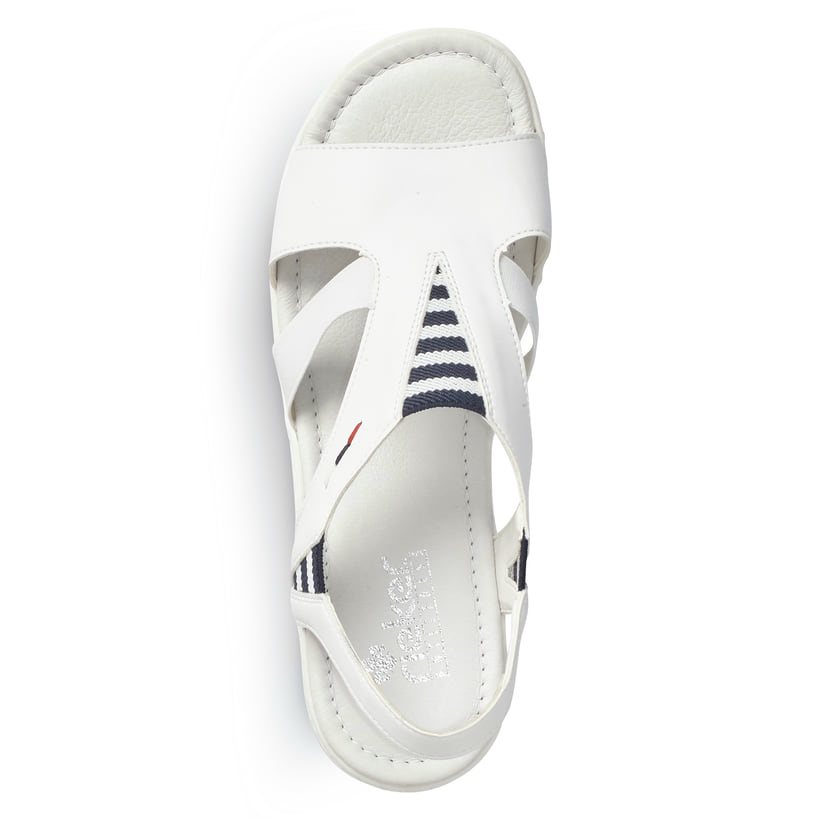 Weiße Rieker Keilsandaletten V02Y5-80 mit Gummizug sowie schmaler Passform E 1/2. Schuh von oben.