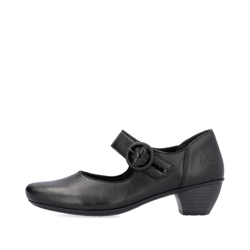 Escarpins Rieker noirs pour femme 41756-00 en cuir lisse avec boucle. Côté extérieur de la chaussure.