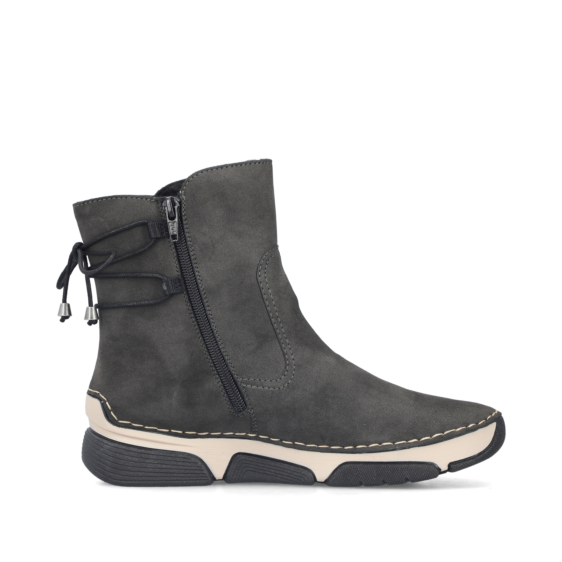 Dunkelgraue Rieker Damen Kurzstiefel 45990-45 mit einem Reißverschluss. Schuh Innenseite.
