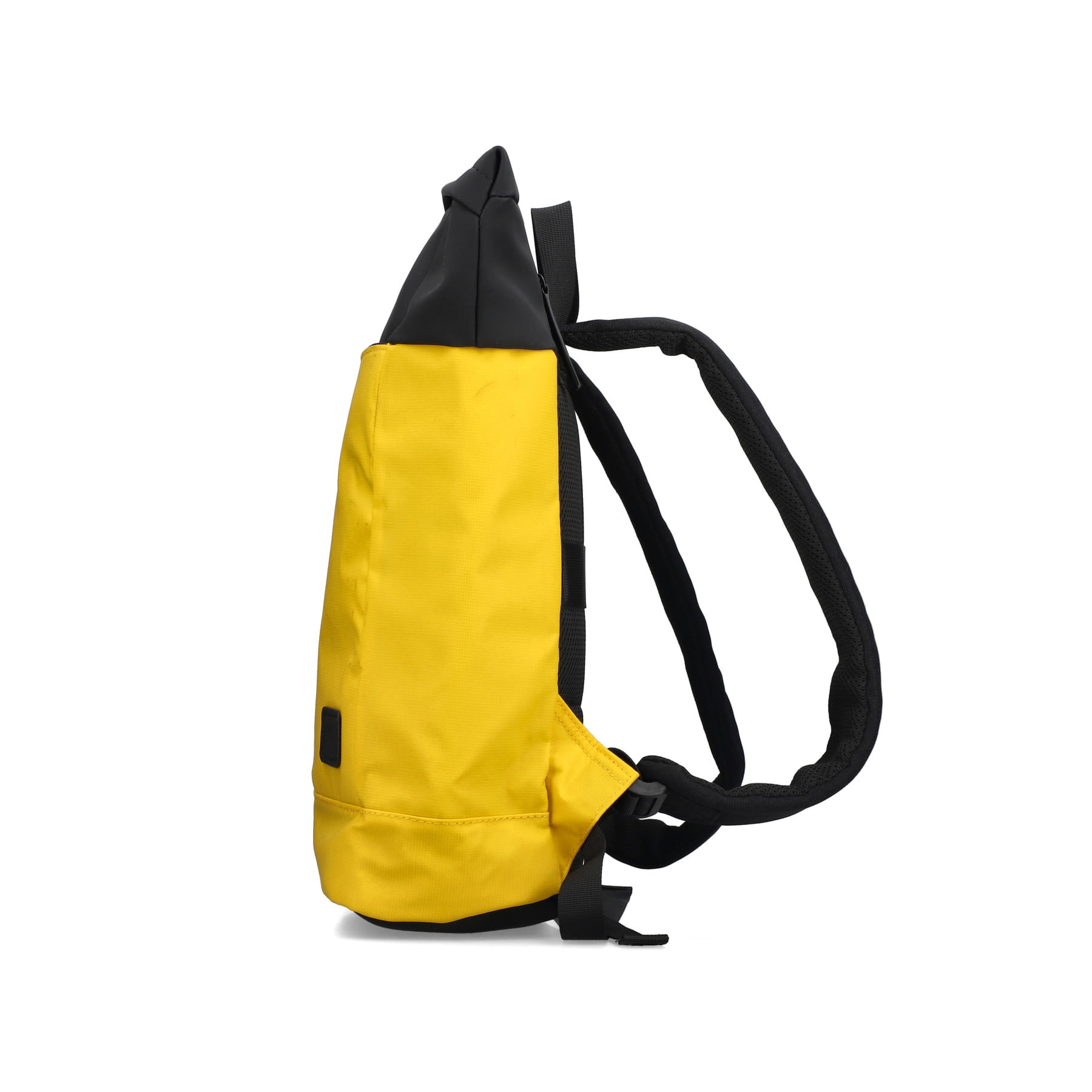 Sac à dos Rieker H5101-68 jaune avec fermeture éclair, compartiment rembourré pour ordinateur portable et bretelles ajustable. Côté gauche.