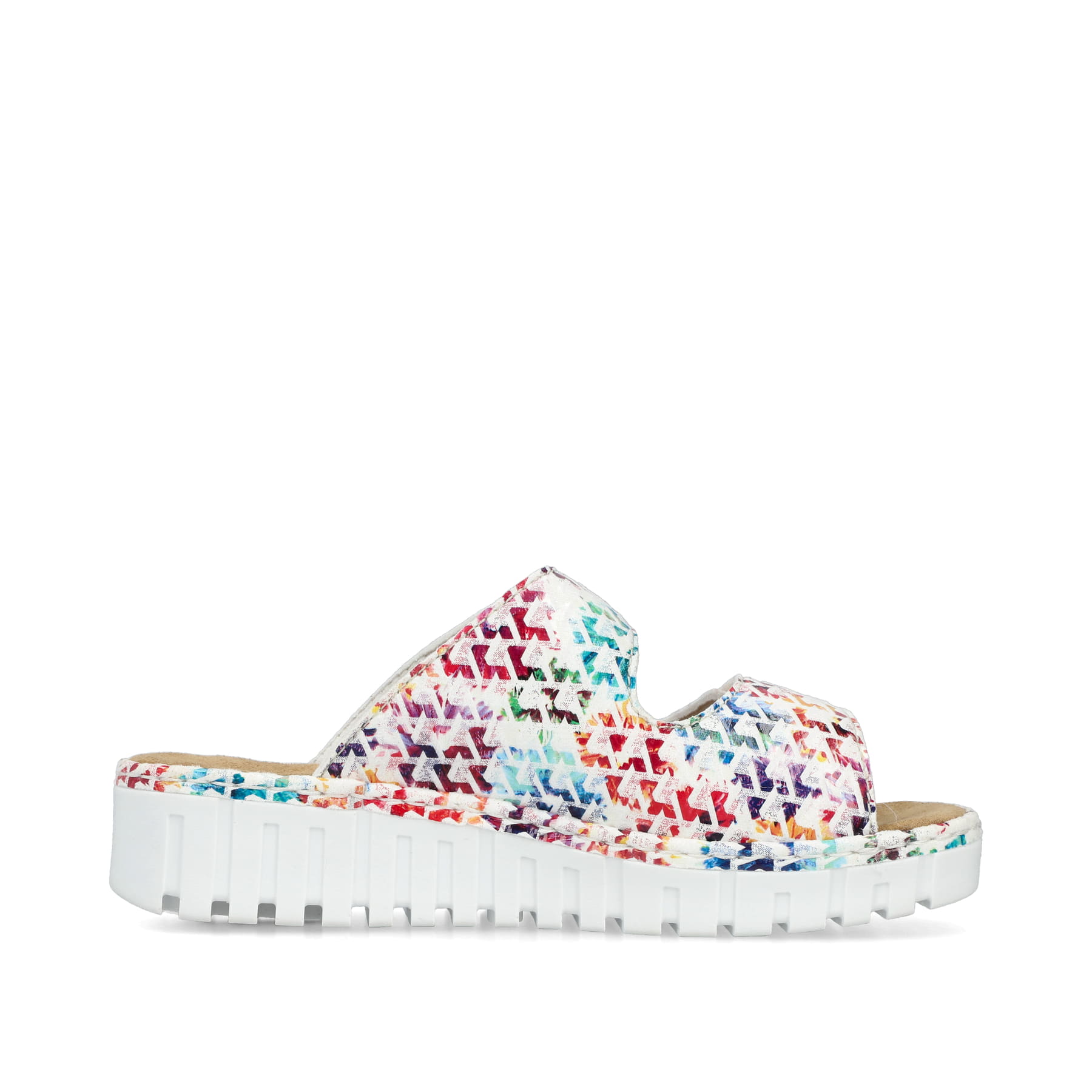 Mehrfarbige Rieker Damen Pantoletten V1392-90 mit einem Klettverschluss. Schuh Innenseite.