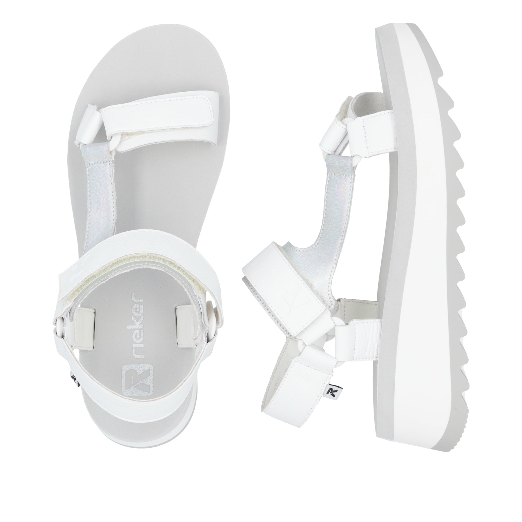 Weiße Rieker Damen Riemchensandalen W3051-80 mit einem Klettverschluss. Schuh von oben, liegend.