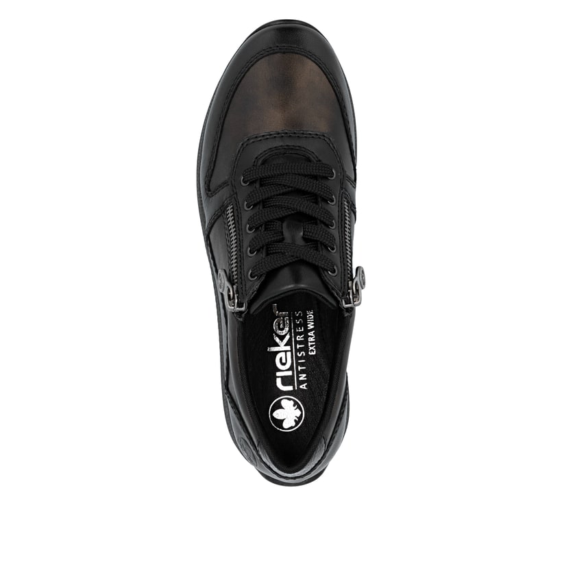 Braune Rieker Damen Sneaker Low N1100-25 aus Glattleder mit einem Reißverschluss. Schuh von oben.