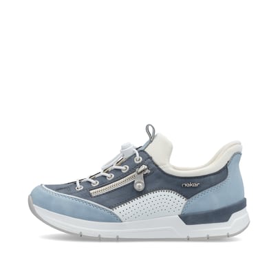 Blaue Rieker Damen Slipper 58962-10 mit easy Hineinschlüpf-Möglichkeit. Schuh Außenseite.
