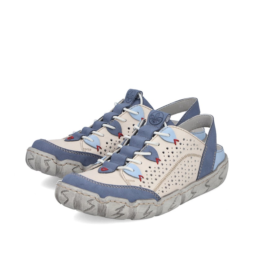 Mocassins Rieker beiges pour femme L0375-91 en cuir lisse. Chaussures inclinées sur le côté.