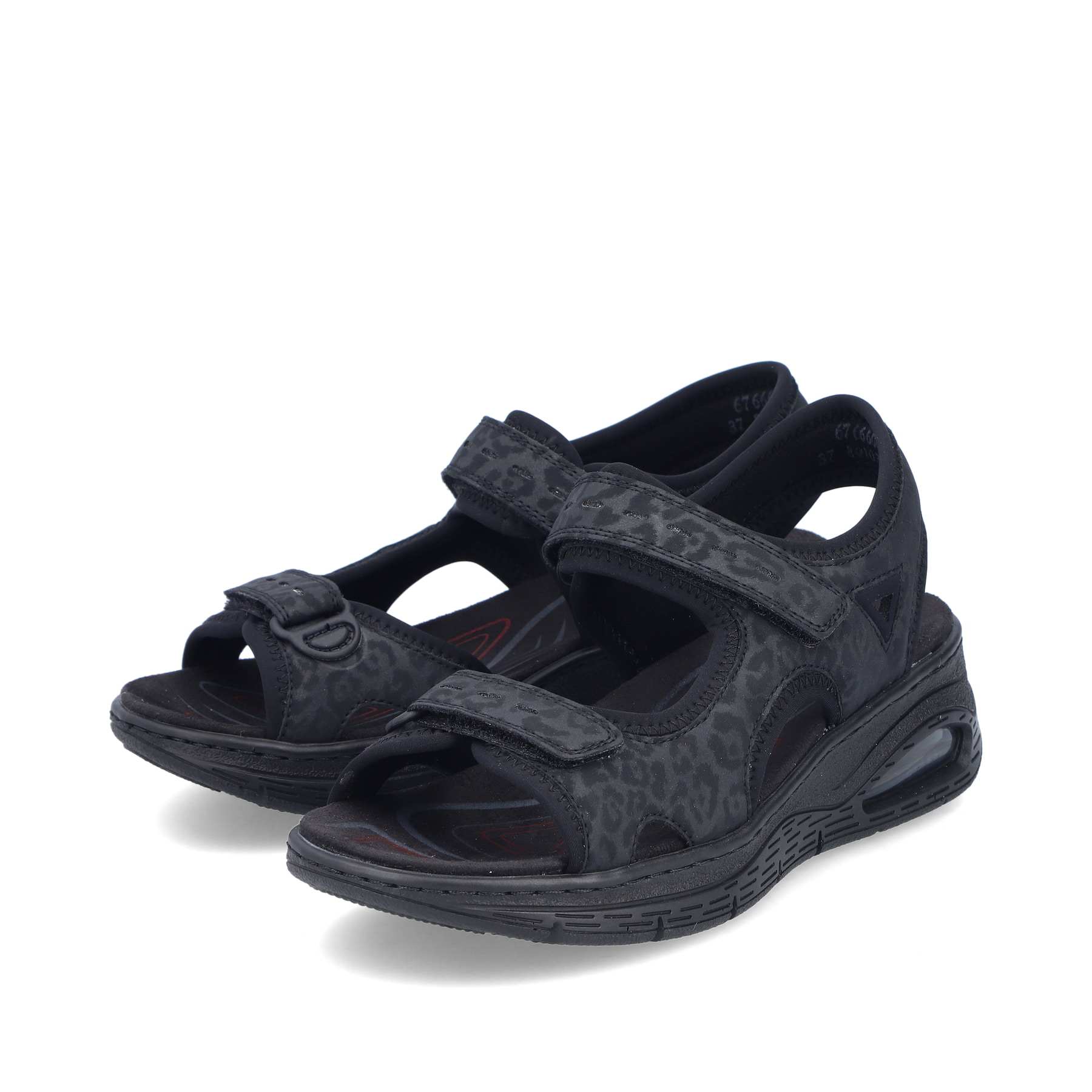 Schwarze vegane Rieker Damen Trekkingsandalen 67666-00 mit Rieker Air. Schuhpaar seitlich schräg.
