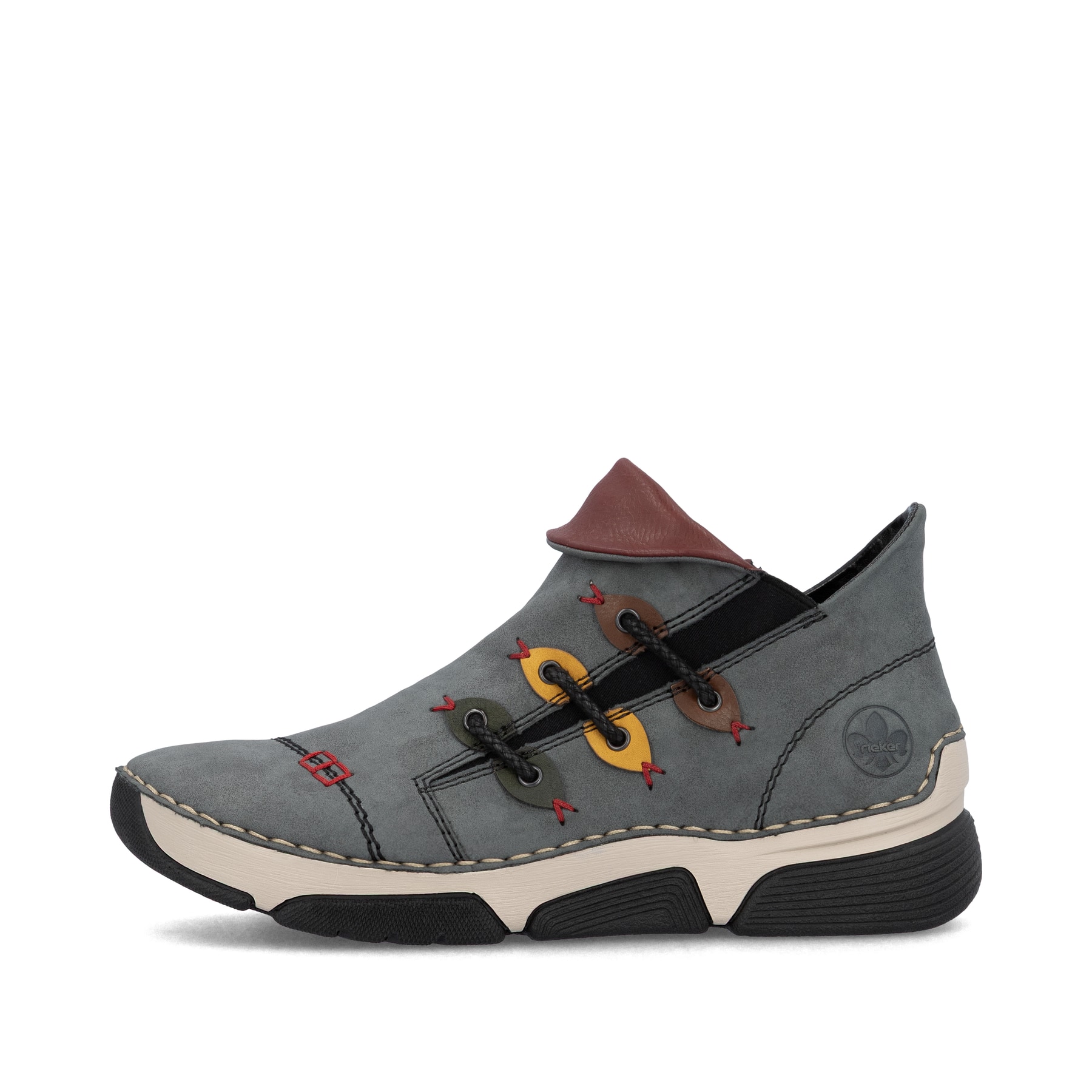 Jeansblaue Rieker Damen Kurzstiefel 45983-14 mit farbenfrohen Details. Schuh Außenseite.